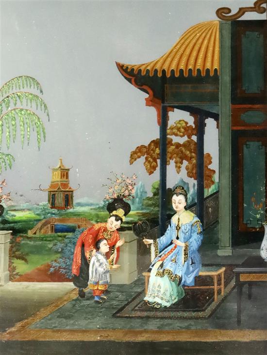 A Chinese reverse painted mirror, 19th century, 53cm x 42cm